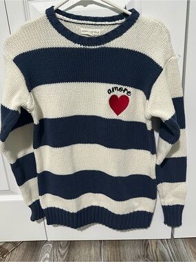 Aeropostale Navy & White Striped Crewneck Sweater with Red Heart